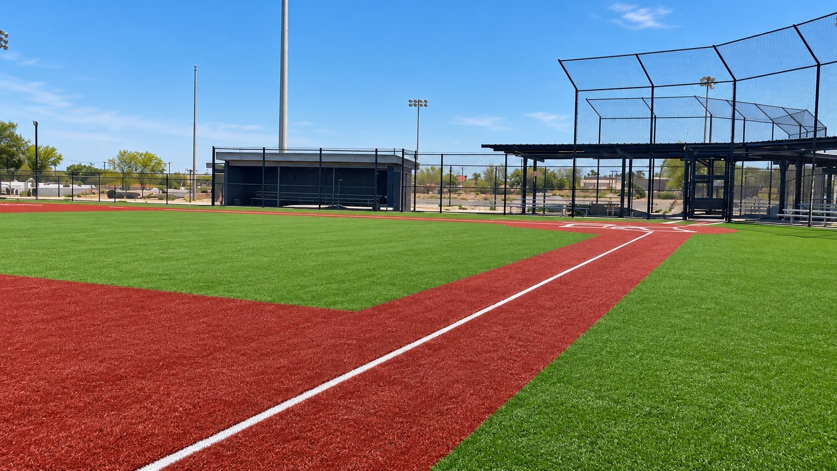 Athletic turf ball field with backstop and dugout