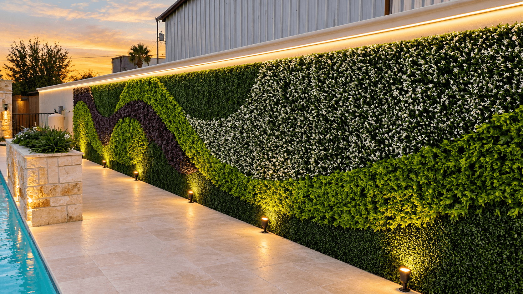 Custom living green wall with a flowing color pattern beside a pool deck