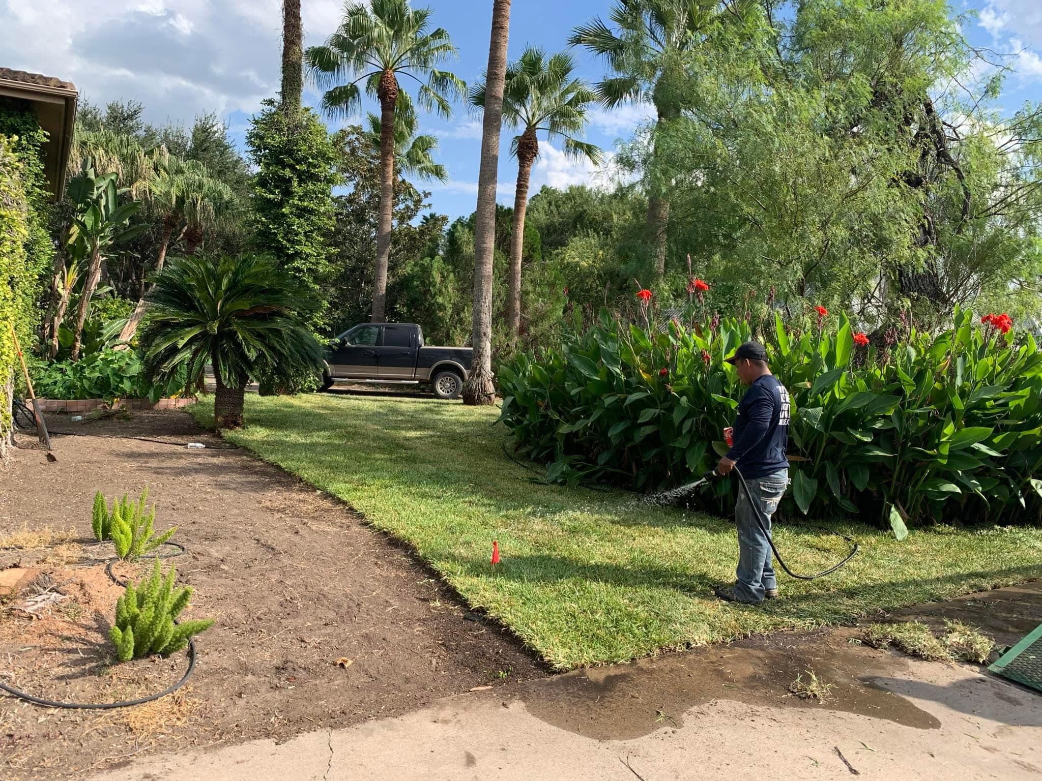 Fresh sod and layered planting being installed on a South Texas property