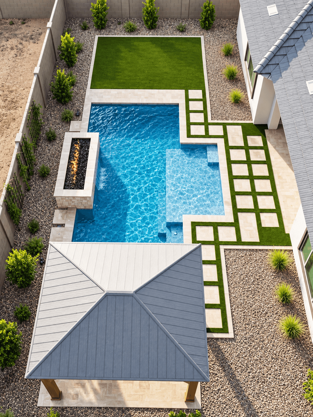 Aerial rendering of a complete backyard transformation with pool, turf and outdoor structure